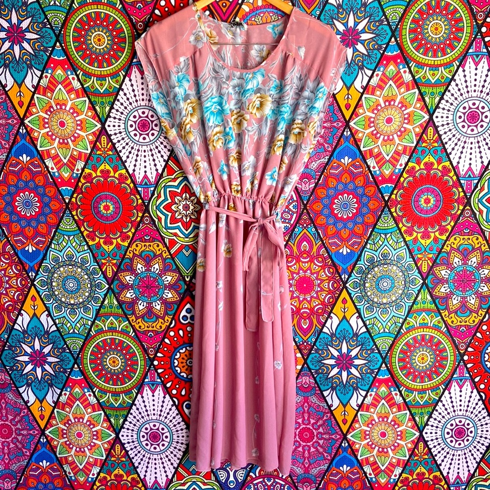 Vintage 1970s Dusty Rose Floral Print Dress Sz 10 - Picture 7 of 8